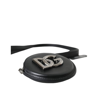 Dolce & Gabbana Black Round Leather DG Logo Coin Purse Lanyard Wallet