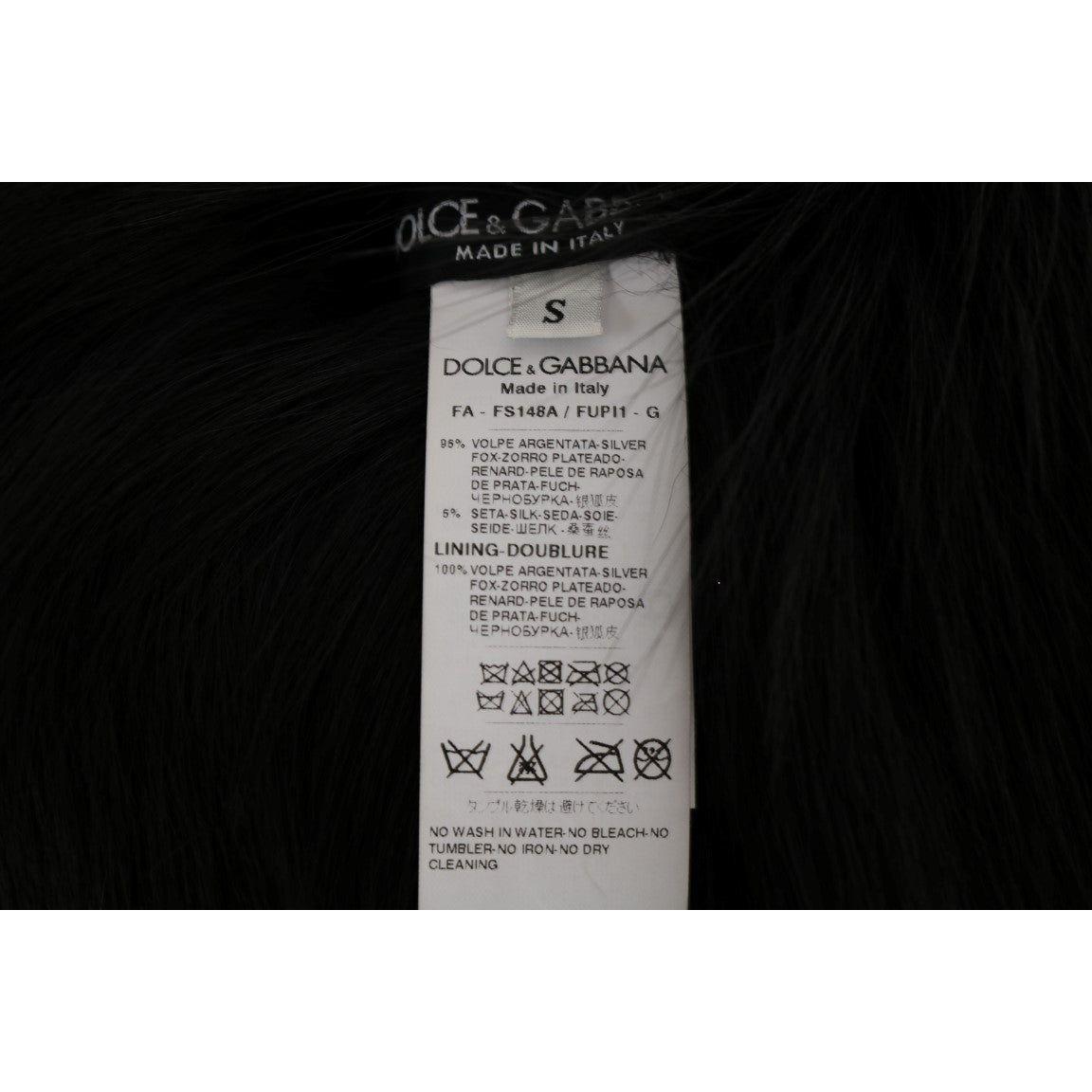 Dolce & Gabbana black silver fox fur scarf care label showing composition and cleaning instructions.