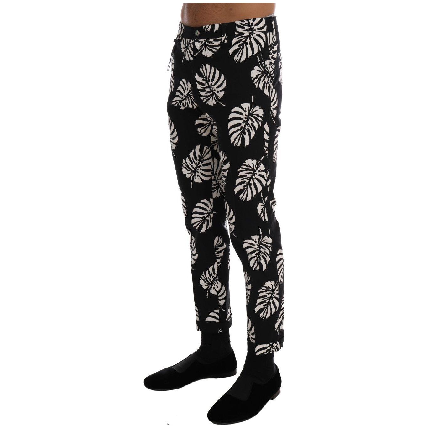 Dolce & Gabbana White Black Leaf Cotton Stretch Slim Pants Dolce & Gabbana