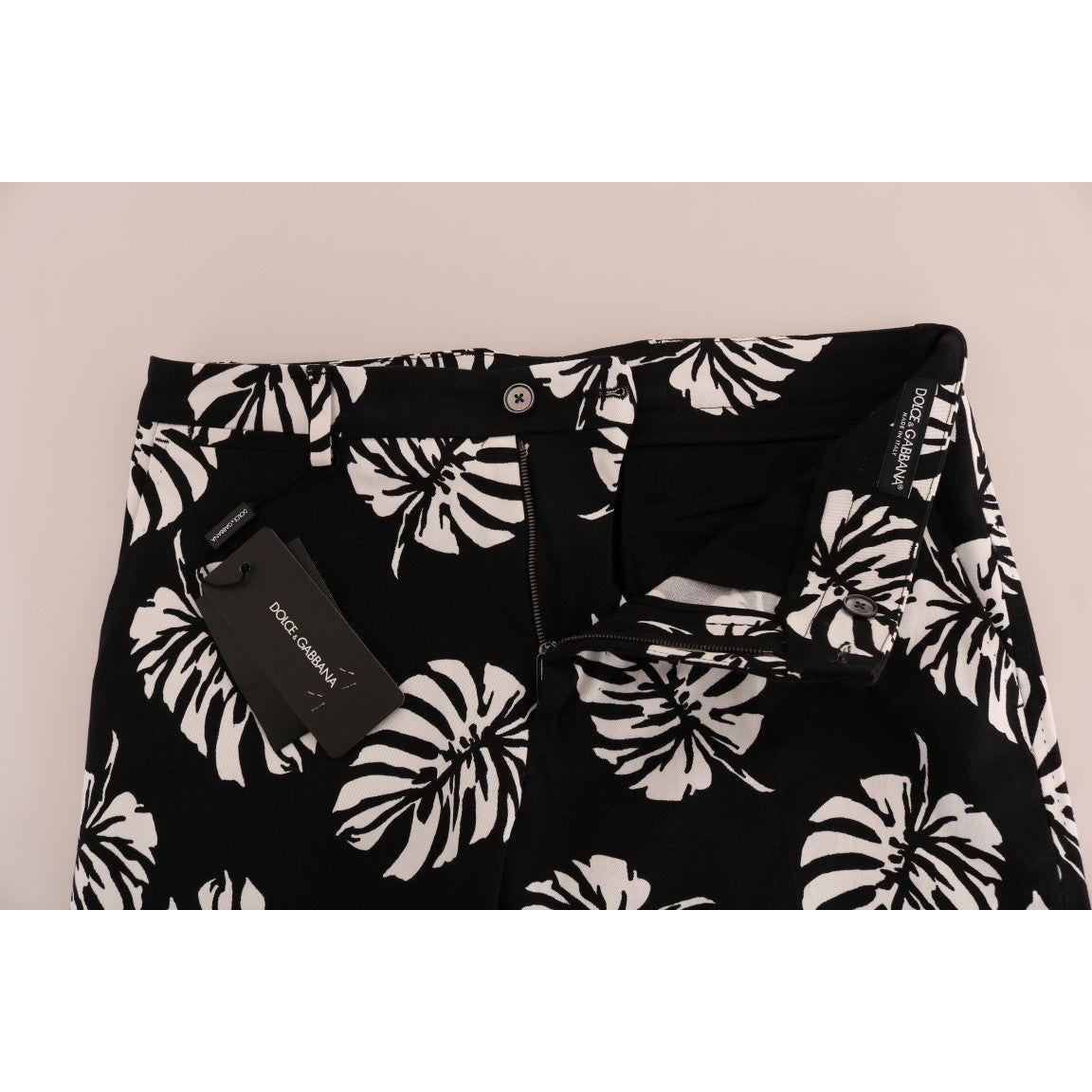 Dolce & Gabbana White Black Leaf Cotton Stretch Slim Pants Dolce & Gabbana