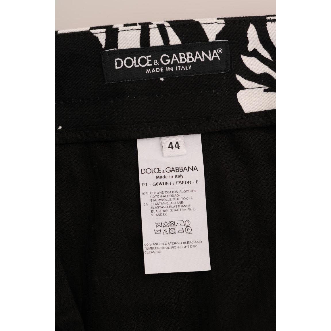 Dolce & Gabbana White Black Leaf Cotton Stretch Slim Pants Dolce & Gabbana