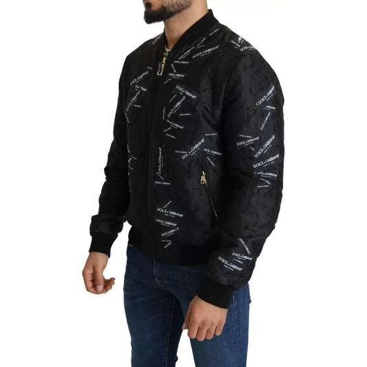 Dolce & Gabbana Black Logo Patch Brocade Bomber Full Zip Jacket JKT2698-52