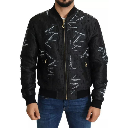 Dolce & Gabbana Black Logo Patch Brocade Bomber Full Zip Jacket JKT2698-52