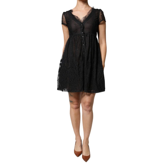 Blugirl Black Short Sleeves Floral Lace Trim A-line Mini Dress Blugirl