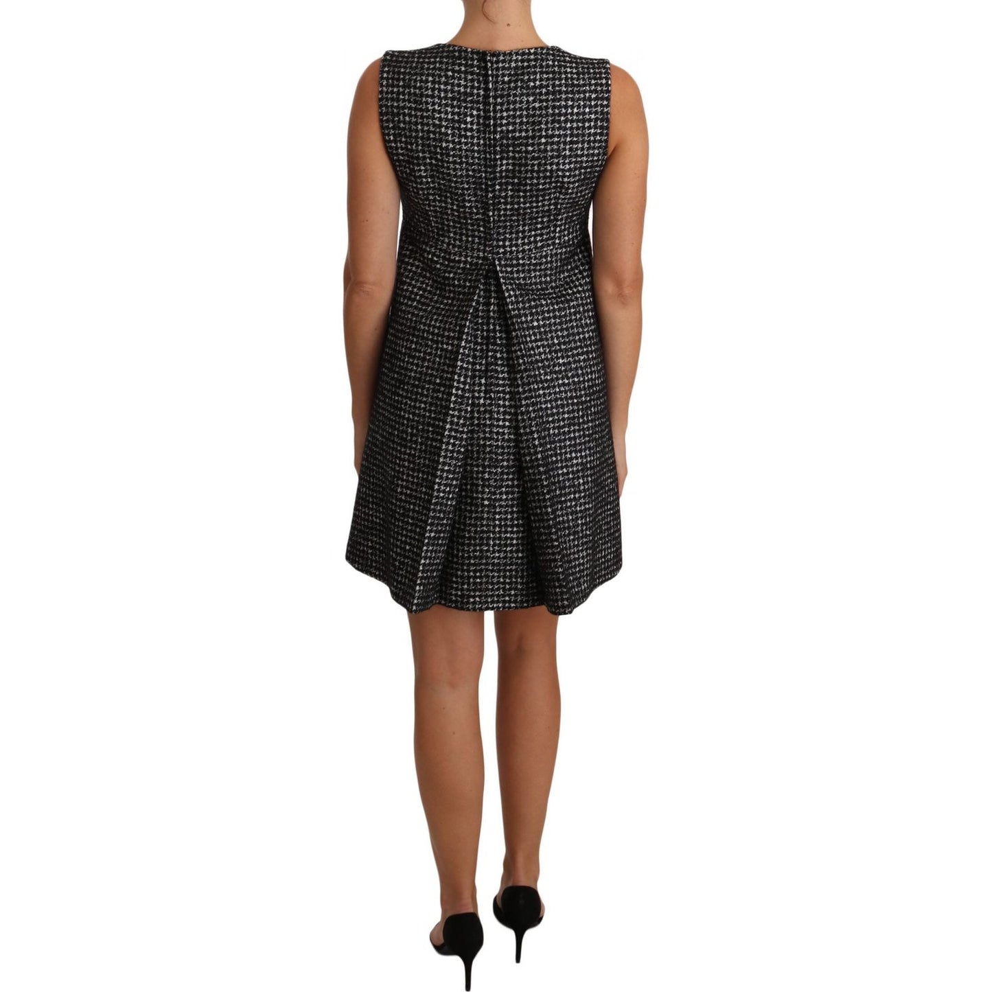 Dolce & Gabbana Gray Houndstooth Floral Appliqué Shift Mini Dress Dolce & Gabbana
