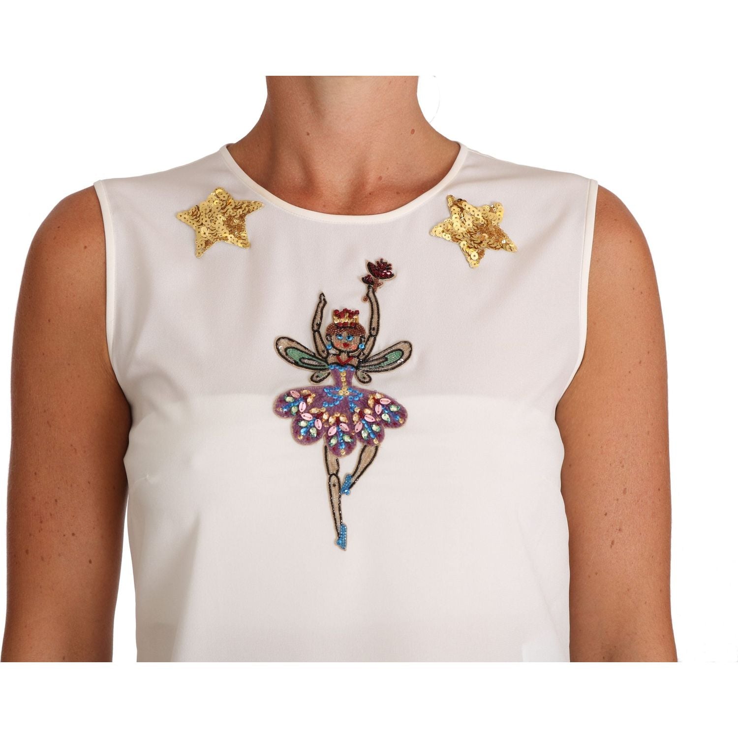 Dolce & Gabbana White Silk Embellished Crystal Sequin Fairy Top