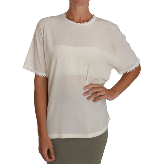 Dolce & Gabbana White Cream Silk Lace Top Blouse T-Shirt Dolce & Gabbana
