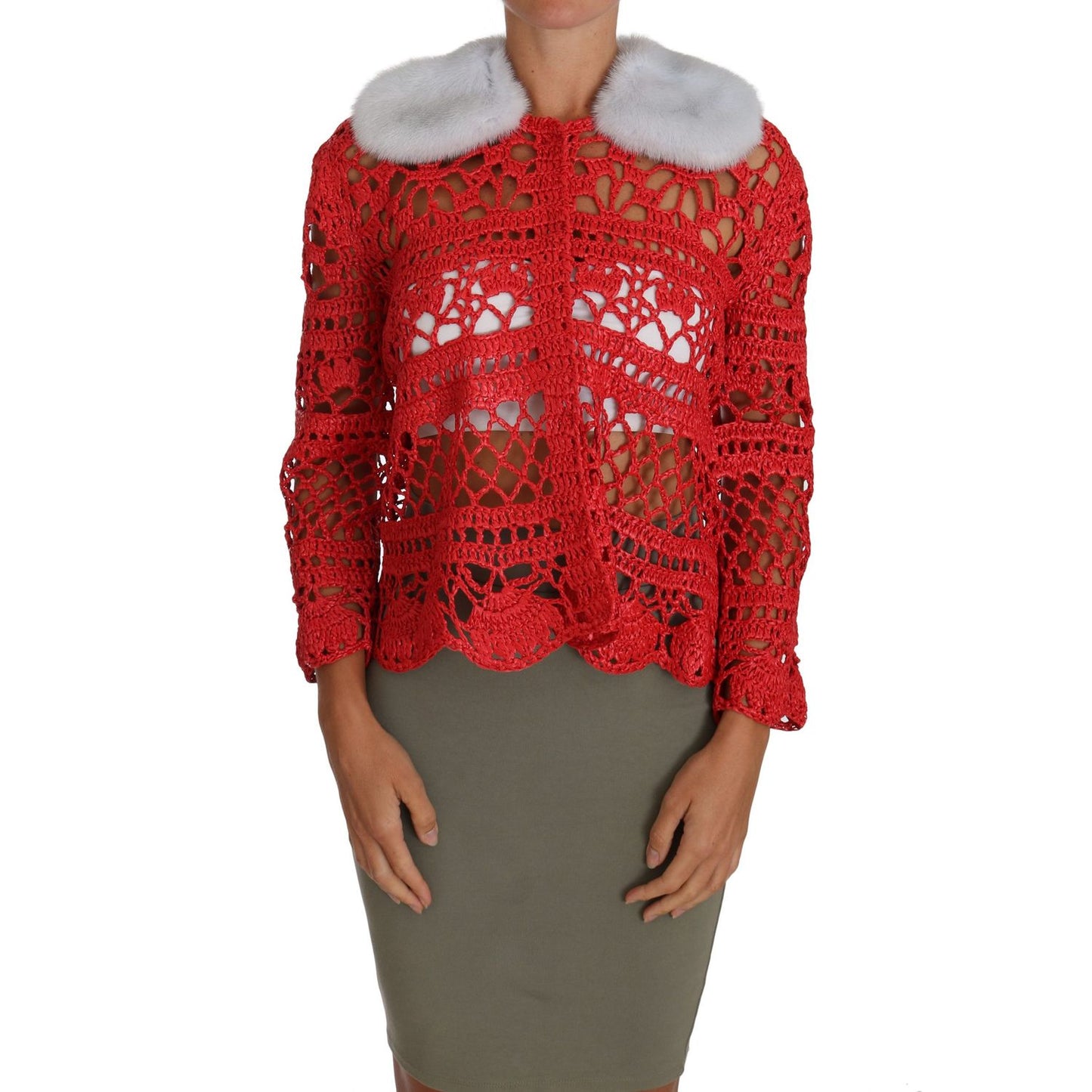 Dolce & Gabbana Red Cardigan Crochet Knit Raffia Sweater