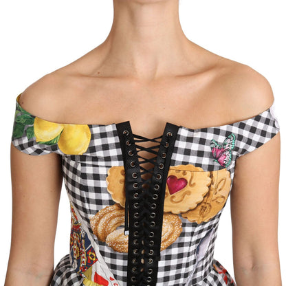 Dolce & Gabbana Black and White Corset Blouse Sicily Lemon Check Top Dolce & Gabbana