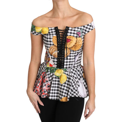 Dolce & Gabbana Black and White Corset Blouse Sicily Lemon Check Top Dolce & Gabbana