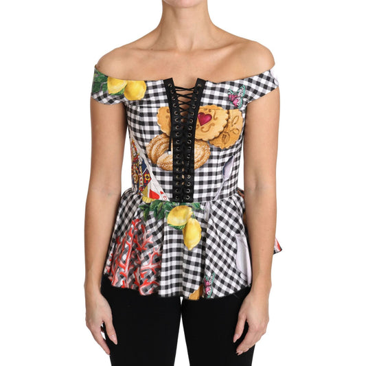 Dolce & Gabbana Black and White Corset Blouse Sicily Lemon Check Top Dolce & Gabbana