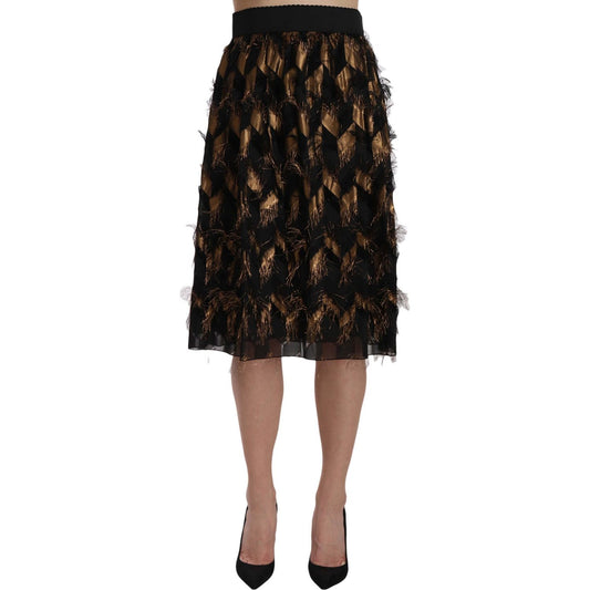 Dolce & Gabbana Black Gold Fringe Metallic Pencil A-line Skirt Dolce & Gabbana