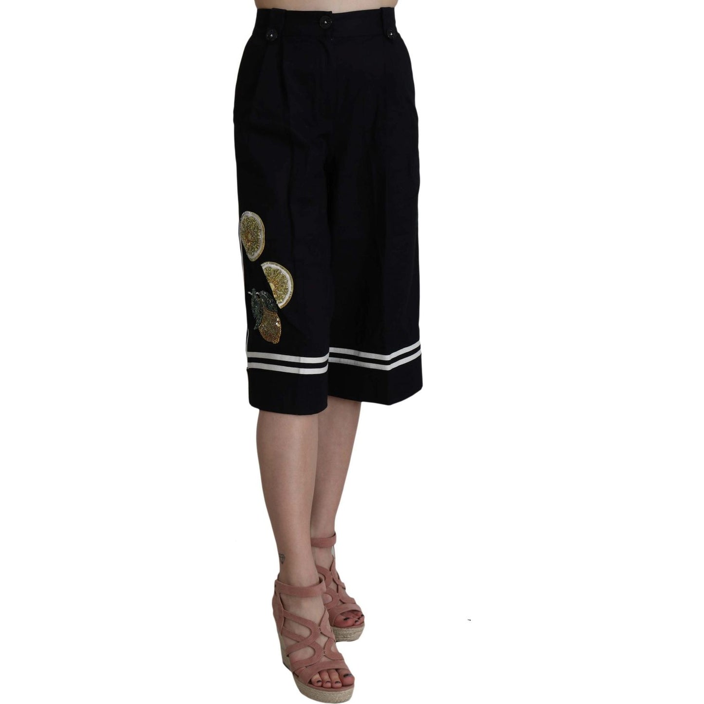 Dolce & Gabbana Black Cotton Cropped Embellished Pants Dolce & Gabbana