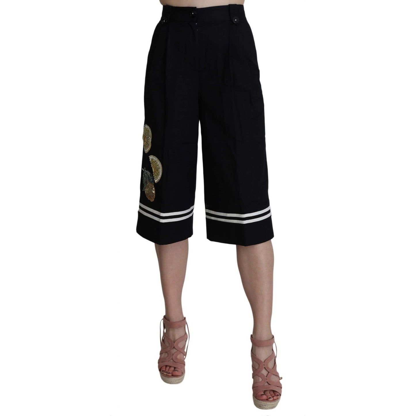 Dolce & Gabbana Black Cotton Cropped Embellished Pants Dolce & Gabbana