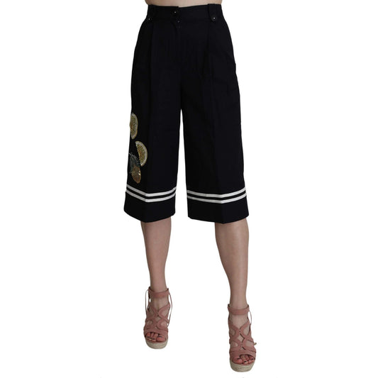 Dolce & Gabbana Black Cotton Cropped Embellished Pants Dolce & Gabbana
