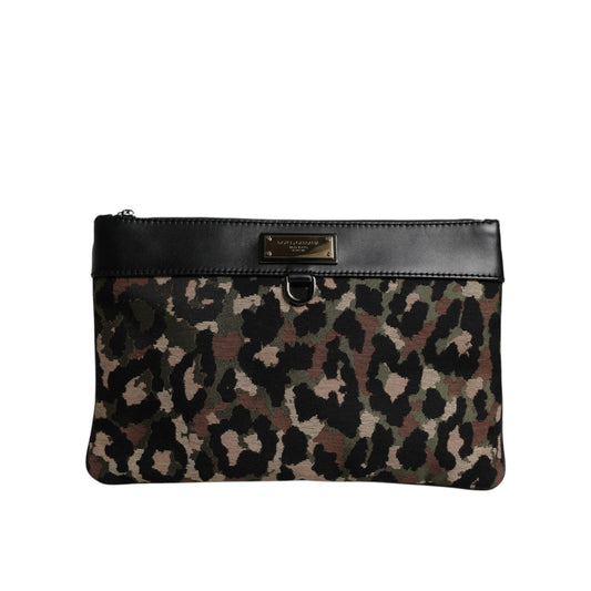 Dolce & Gabbana Multicolor Leopard Jacquard Print Logo Plaque Pouch Bag