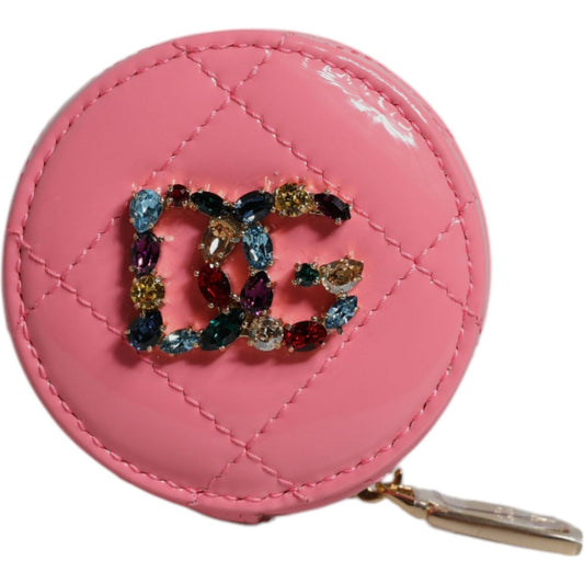 Dolce & Gabbana Pink Lamb Leather DG Crystal Round Coin Purse Wallet BAG4271