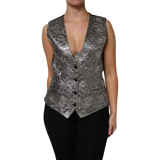 Dolce & Gabbana Silver Floral Jacquard Sleeveless Vest Top TSH87629-40