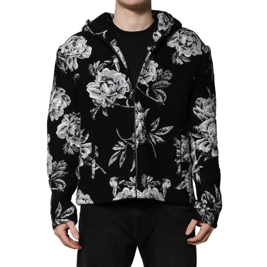 Dolce & Gabbana Black Wool Floral Printed Men Hooded Jacket JKT41450-48