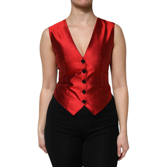 Dolce & Gabbana Red Black Button Down Sleeveless Vest Top Dolce & Gabbana