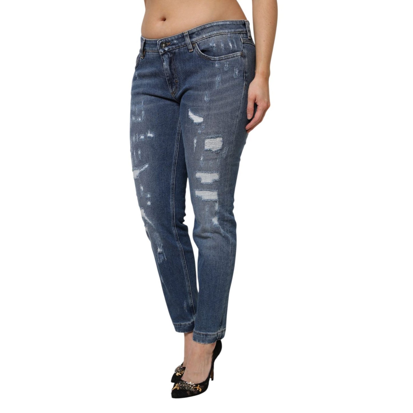 Dolce & Gabbana Blue Tattered Cotton Low Waist Denim Jeans PAN76490-46