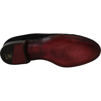 Dolce & Gabbana Loafers Black Velvet Gold Crown