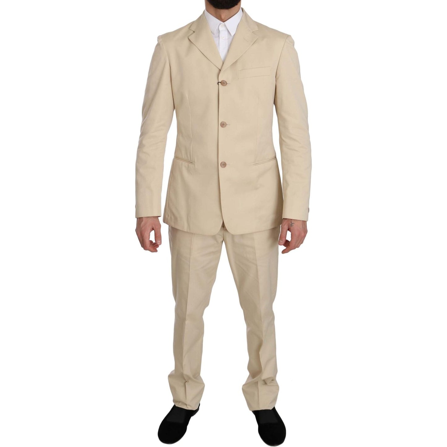 Romeo Gigli Two Piece 3 Button Beige Cotton Solid Suit Romeo Gigli