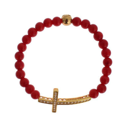 Nialaya Red Coral Gold CZ Cross 925 Silver Bracelet Nialaya