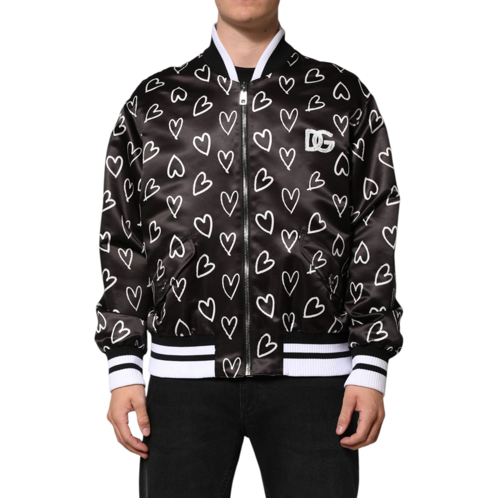 Dolce & Gabbana Black Polyester Heart Print Bomber Jacket JKT41523-44
