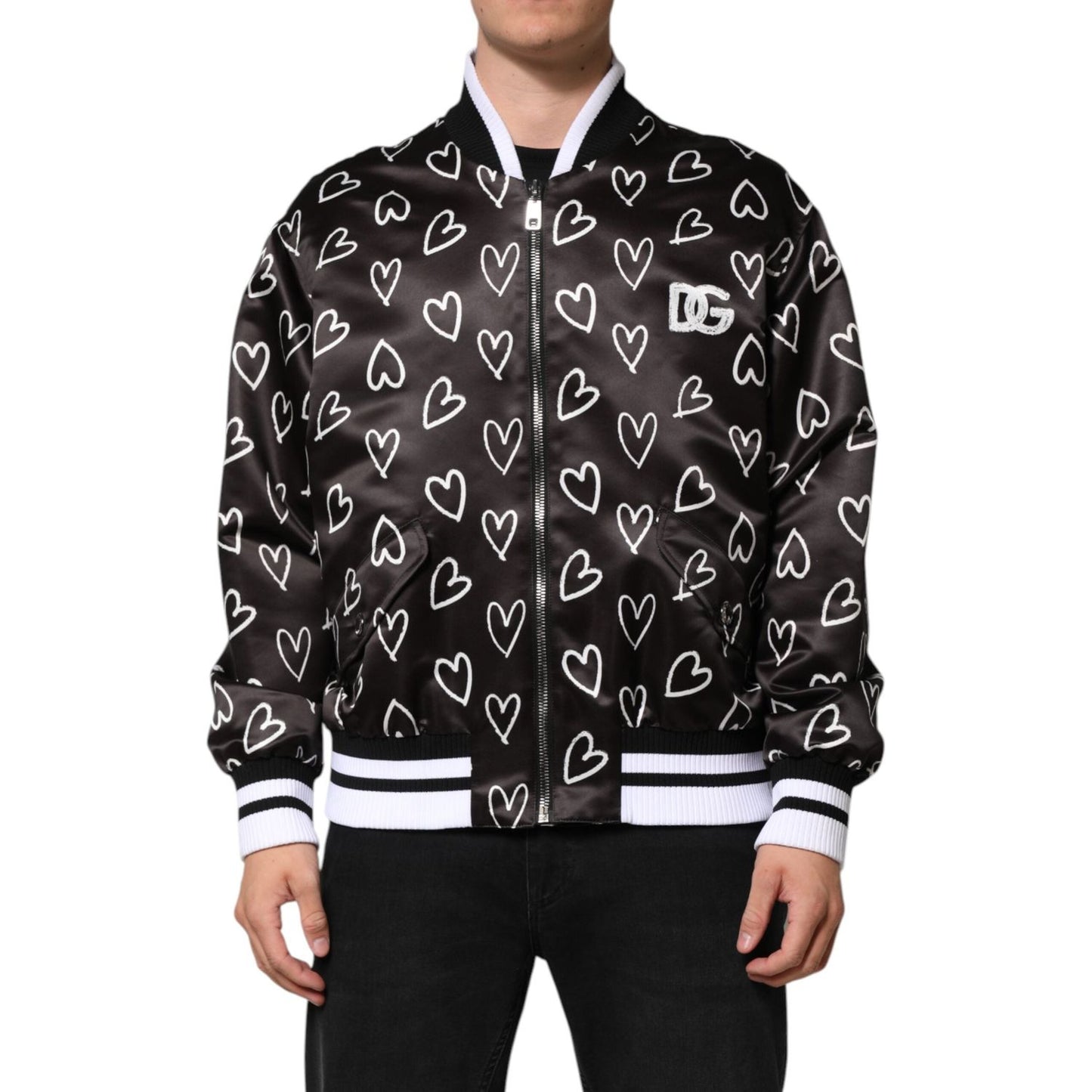 Dolce & Gabbana Black Polyester Heart Print Bomber Jacket JKT41523-44