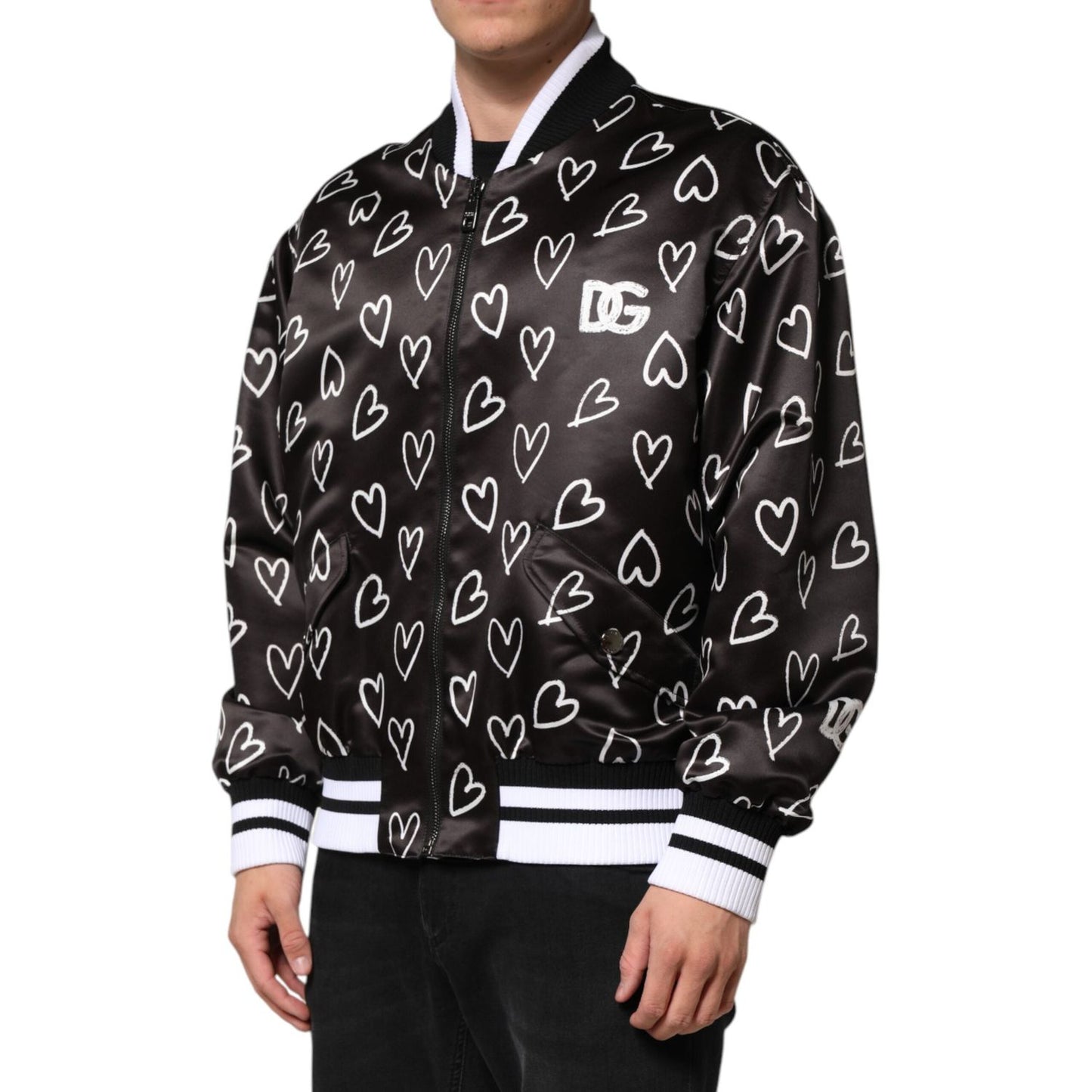 Dolce & Gabbana Black Polyester Heart Print Bomber Jacket JKT41523-44