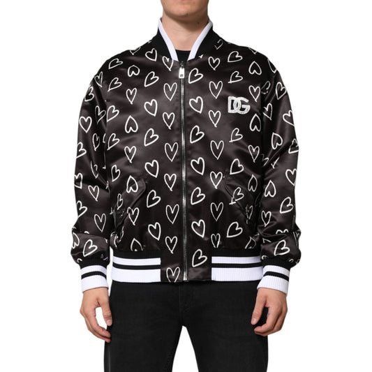 Dolce & Gabbana Black Polyester Heart Print Bomber Jacket JKT41524-52