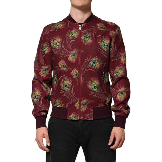 Dolce & Gabbana Maroon Peacock Feather Print Bomber Jacket JKT41532-48