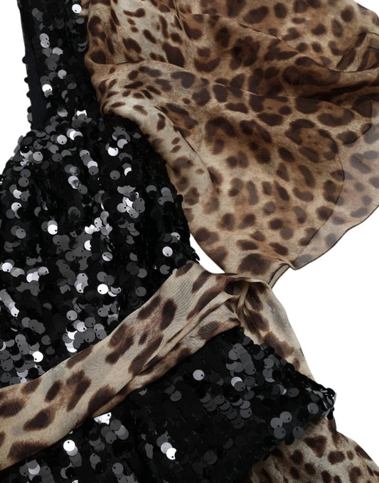 Dolce & Gabbana Leopard Print Silk Sequin Ruffle Maxi Dress