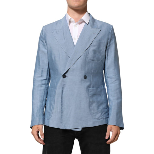 Dolce & Gabbana Light Blue Linen Double Breasted Men Jacket Blazer Dolce & Gabbana