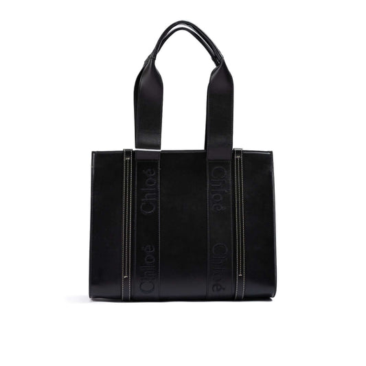 Chloé Black Woody Embroidered Logo Leather Medium Tote Bag Chloé