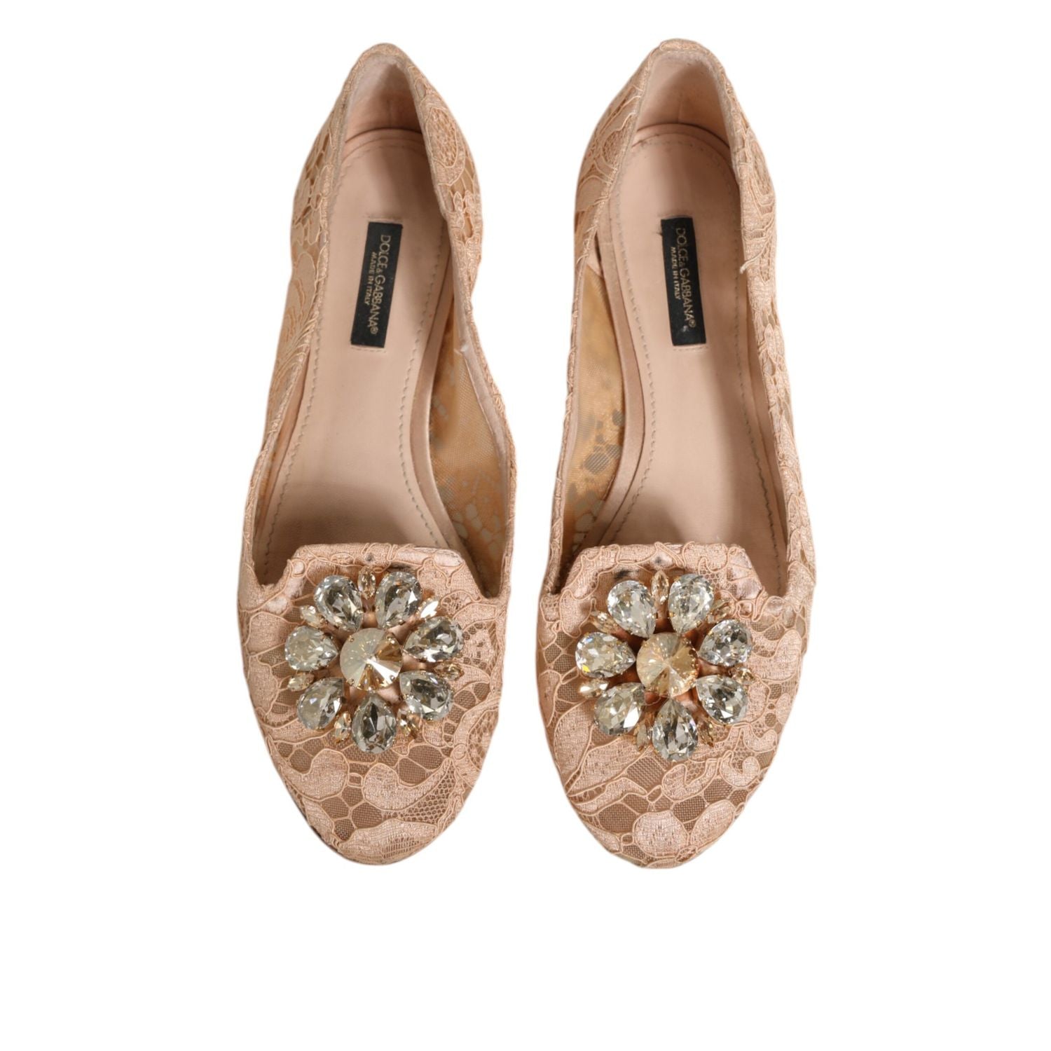 Dolce & Gabbana Beige Taormina Lace Crystals Flats Shoes