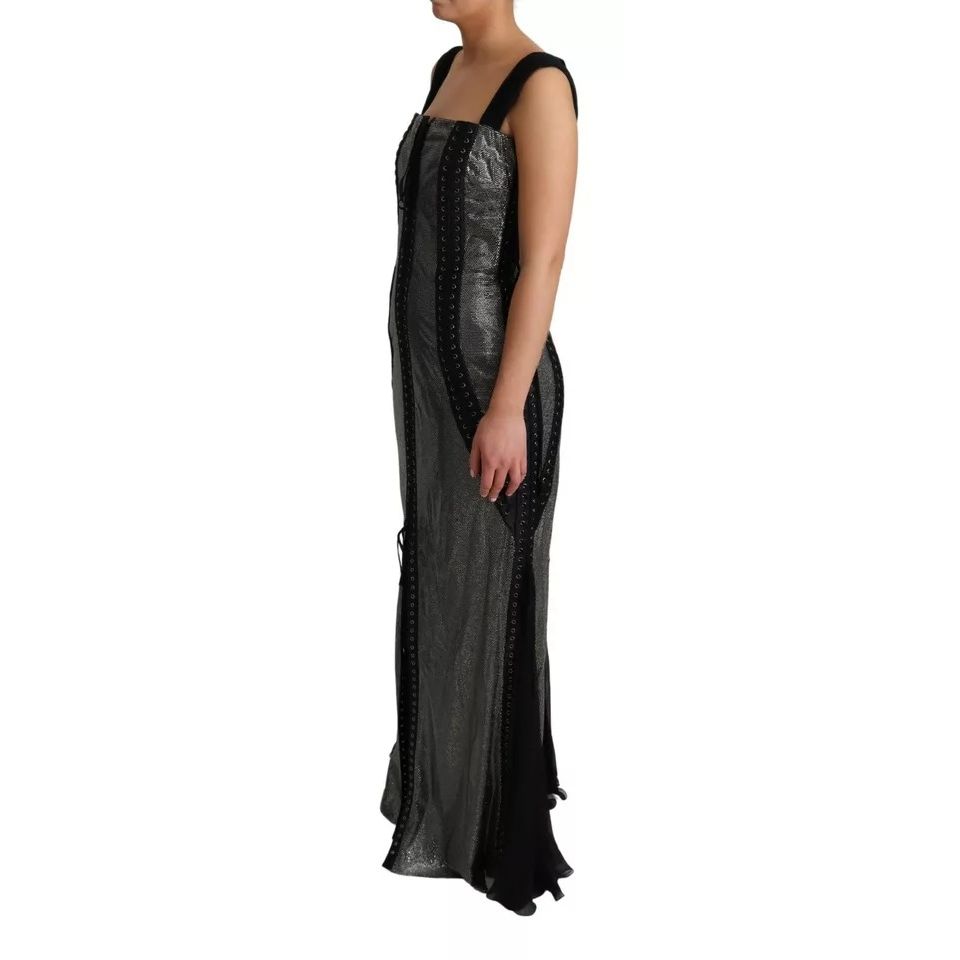 Dolce & Gabbana Black Crystals Lace Up Runway Gown Dress