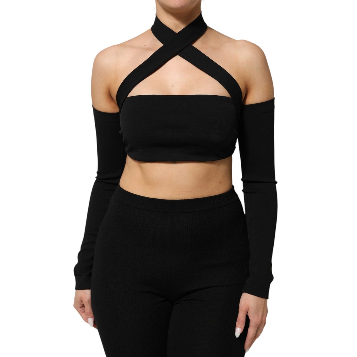 Dolce & Gabbana Black Viscose Halter Off Shoulder Cropped Top