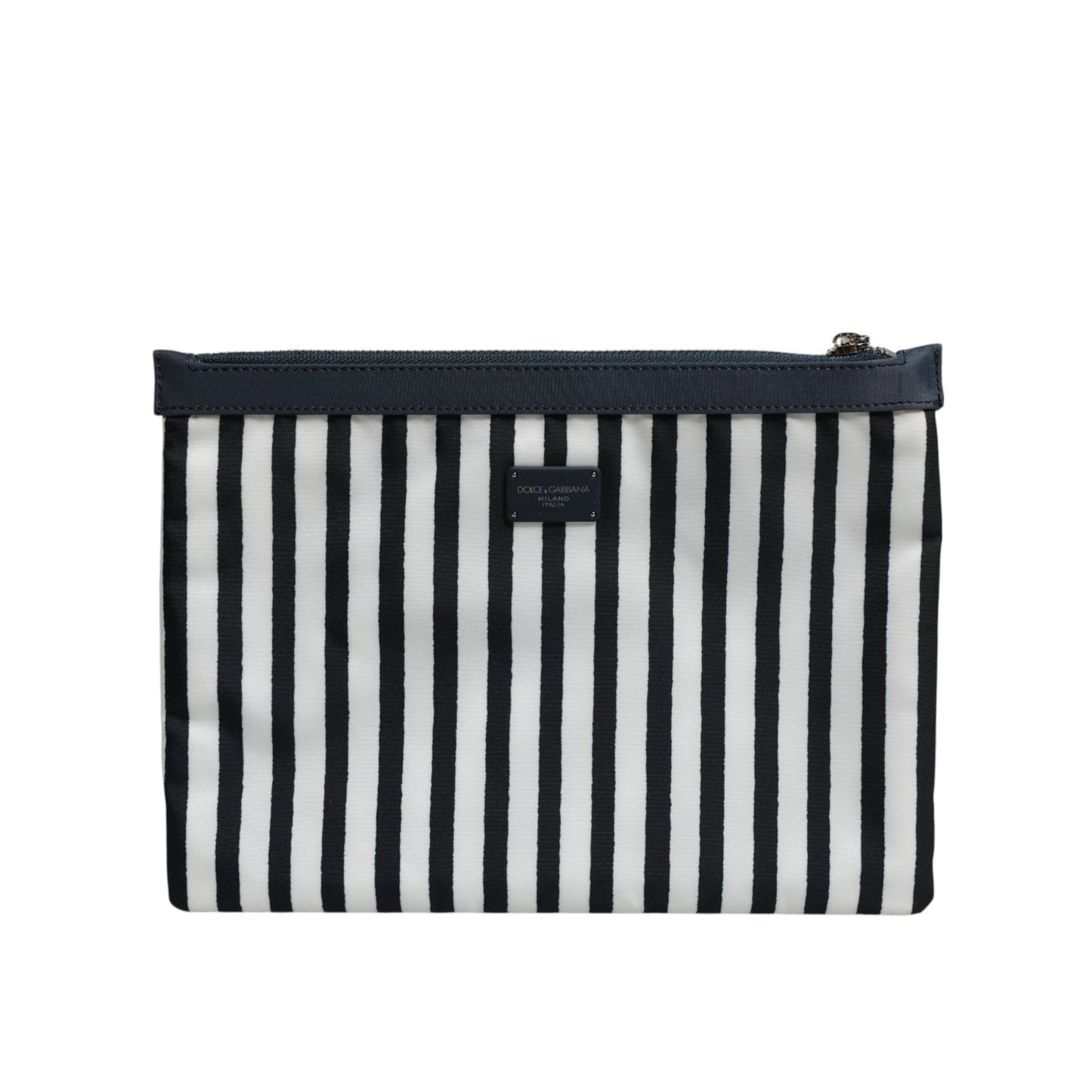 Dolce & Gabbana Black White Striped Logo Plaque Clutch Pouch Bag