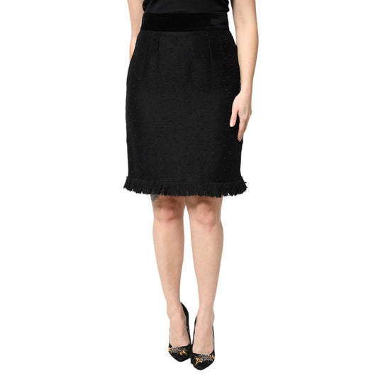 Dolce & Gabbana Black Wool Fringe High Waist Pencil Mini Skirt Dolce & Gabbana
