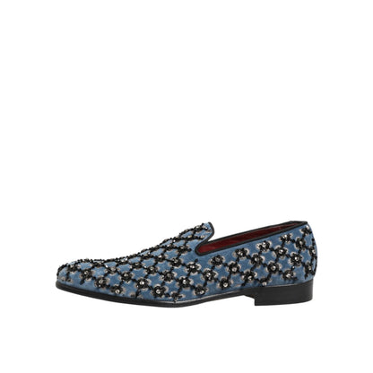 Dolce & Gabbana Blue Velvet Crystal Detailing Loafer Men Shoes