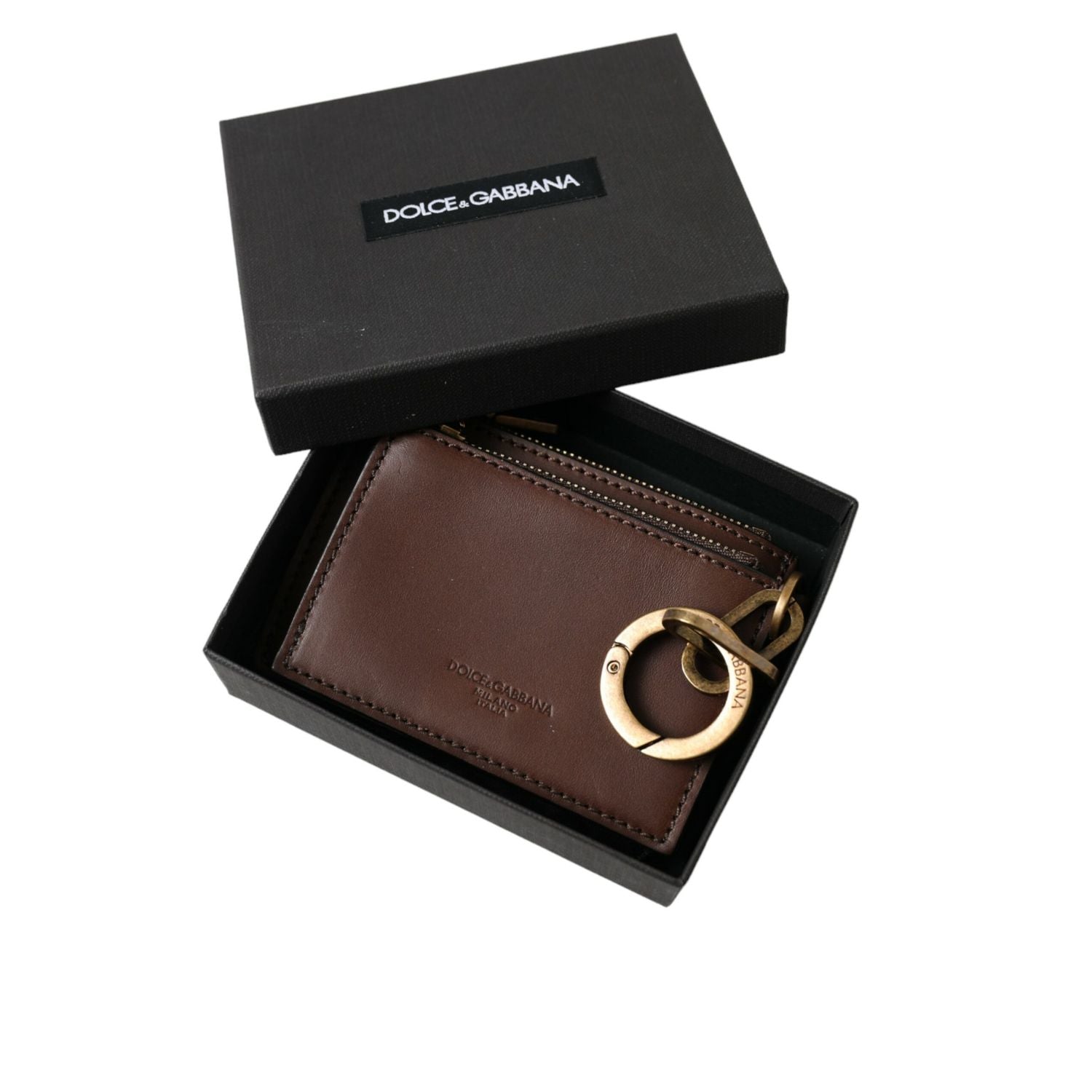 Dolce & Gabbana Brown Leather Zip Logo Keyring Coin Purse Keyring Wallet