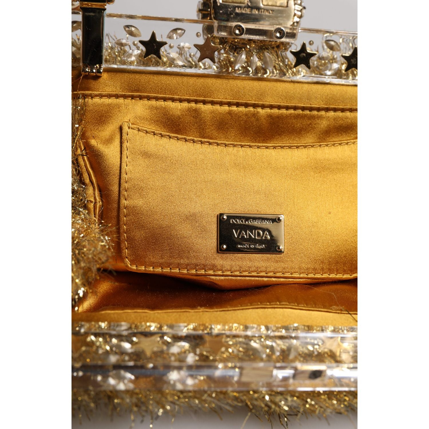 Dolce & Gabbana Gold Vanda Chain Strap Tinsel Crystal Evening Clutch Bag