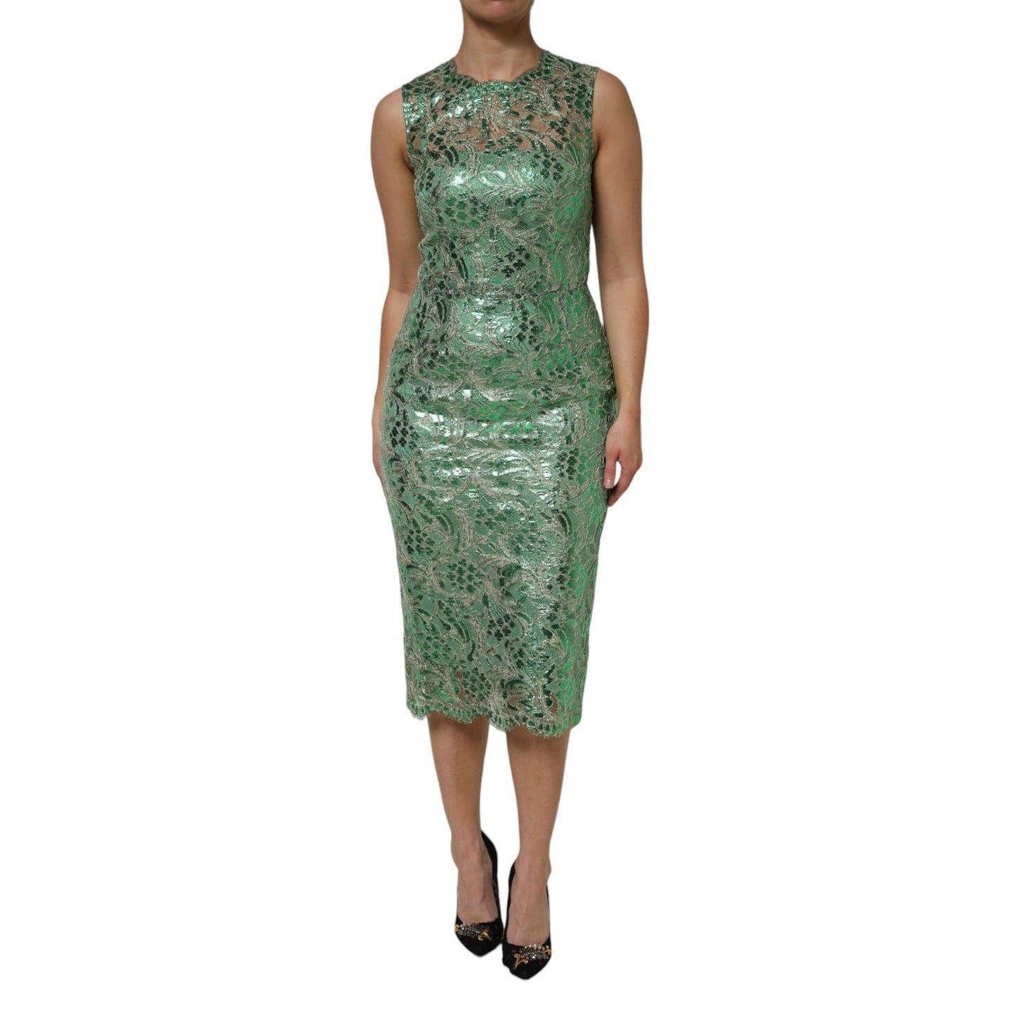 Dolce & Gabbana Green Cotton Floral Lace Sheath Midi Dress Dolce & Gabbana