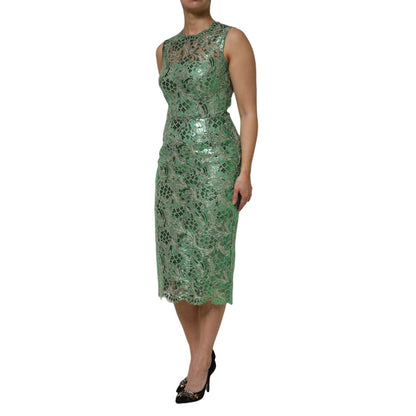 Dolce & Gabbana Green Cotton Floral Lace Sheath Midi Dress Dolce & Gabbana