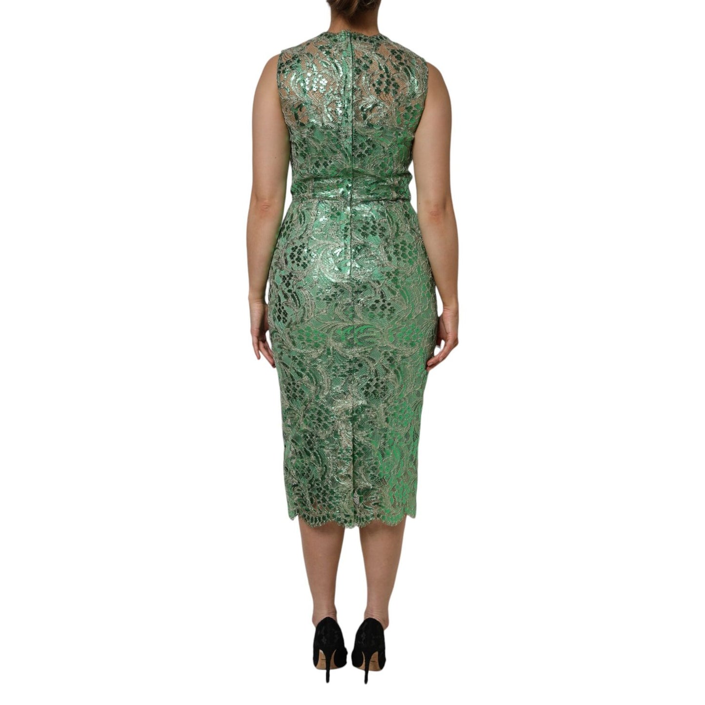 Dolce & Gabbana Green Cotton Floral Lace Sheath Midi Dress Dolce & Gabbana
