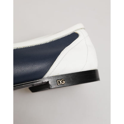 Dolce & Gabbana White Blue Leather Slip On Loafers Men Formal Shoes