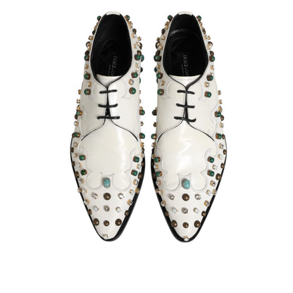 Dolce & Gabbana White Leather Crystals Embellished Derby Shoes Dolce & Gabbana