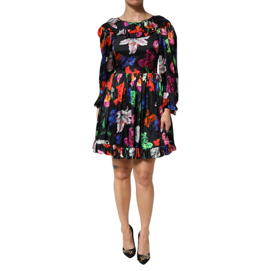 MSGM Dress Black Multicolor Floral Ruffle Long Sleeve Mini Dress MSGM